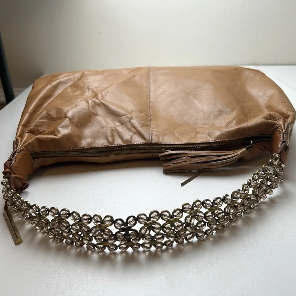 Elliott Lucca Worn-Look Brown Leather Purse With Bead & Metal Strap